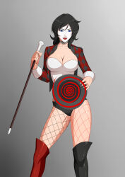 absurdres alternate_costume batman_(series) black_hair blue_eyes boots breasts cleavage collar corruption dc_comics enemy_conversion female_only femdom femsub fishnets happy_trance high_heels hypnotic_accessory hypnotized_dom jacket knee-high_boots large_breasts lipstick long_hair looking_at_viewer magic magician oo_sebastian_oo spiral super_hero underwear western zatanna_zatara rating:Safe score:94 user:solddate