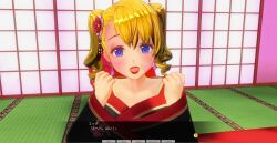 3d blonde_hair blue_eyes blush breasts curly_hair female_only kamen_writer_mc kimono large_breasts screenshot solo text translated twintails rating:Questionable score:4 user:Amazingbrahjr