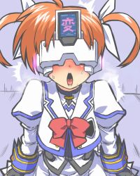 blush femsub hypnotic_accessory izanagi magical_girl_lyrical_nanoha nanoha_takamachi open_mouth orange_hair red_hair ribbon short_hair sweat tech_control twintails visor rating:safe score: user:psi