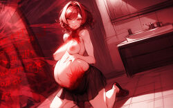 ai_art bare_breasts breasts control corruption curly_hair english_text femsub high_heels hypnosisisgreat_(manipper) kneeling large_breasts monochrome nipples pregnant red_background short_hair skirt smile stable_diffusion_(ai) text rating:Explicit score:16 user:HypnosisIsGreat