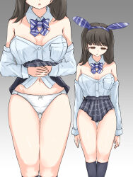 before_and_after bow bow_tie breasts brown_eyes brown_hair bunny_ears bunny_girl bunnysuit cleavage clothed clothed_exposure collar comic empty_eyes expressionless female_only femsub hair_ornament hairband legs midriff nagi navel open_mouth original panties ribbon school_uniform shirt_lift simple_background skirt skirt_lift socks standing thighs unaware underwear undressing undressing_command rating:Questionable score:20 user:krump
