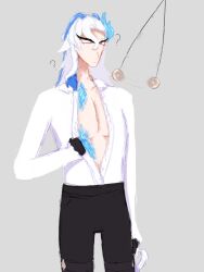  coin confused exposed_chest expressionless genshin_impact gloves grey_background grey_eyes horns lilyfrost long_hair male_only malesub neuvillette_(genshin_impact) open_shirt scales simple_background solo undressing white_hair  rating:questionable score: user:lilyfrost