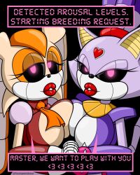blaze_the_cat breast_press breasts bunny_girl cat_girl dialogue female_only femdom femsub flashpointgear furry happy_trance heart huge_breasts lipstick necklace pink_eyes ponytail robot robot_girl robotization smile sonic_the_hedgehog_(series) standing tech_control text tie vanilla_the_rabbit rating:Explicit score:43 user:Oscar044