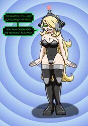 absurdres antenna blonde_hair boots breasts cleavage cynthia dazed erect_nipples female_only fembot femsub hair_covering_one_eye happy_trance headphones hypnotic_accessory large_breasts latex nintendo open_mouth pokemon pokemon_diamond_pearl_and_platinum robotization smile spiral_eyes supertechno324 symbol_in_eyes tech_control text thigh_boots very_long_hair rating:Questionable score:44 user:SuperTechno324