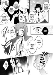 black_hair breasts comic hard_translated hypnotic_drink kissing long_hair marialite monochrome school_uniform tagme text translated rating:Questionable score:6 user:L12@