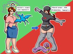  before_and_after clothed delia_ketchum dialogue ekans empty_eyes enemy_conversion femsub gloves hat nintendo pokeball pokemon pokemon_(anime) pokemon_(creature) simple_background team_rocket text xxcloneyxx zubat  rating:safe score: user:sector92