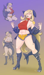 bare_shoulders blonde_hair boots collar cynthia fake_tail female_only femsub garchomp hair_covering_one_eye hypnolion hypnotic_accessory jacket knee-high_boots kneeling long_hair looking_back midriff multiple_views nintendo pokeball pokemon pokemon_diamond_pearl_and_platinum red_eyes short_shorts sideboob tech_control rating:Questionable score:124 user:Hypnolion