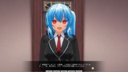 3d absurdres blue_hair breasts custom_maid_3d_2 dialogue femsub open_mouth red_eyes robotization school_uniform smile swallow774 symbol_in_eyes tech_control text tie translated rating:Safe score:13 user:kegmeg