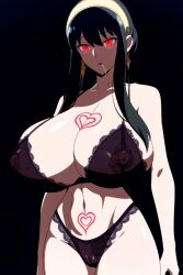 ai_art bangs black_background black_hair bra breasts cameltoe crotch_tattoo drool earrings erect_nipples erect_nipples_under_clothes expressionless female_only femsub glowing_eyes hair_ornament headband heart heart_tattoo huge_breasts jewelry lace lingerie long_hair nipples open_mouth panties red_eyes saiminsennou_(generator) see-through simple_background solo spy_x_family tattoo thigh_gap thighs underwear yor_briar rating:Explicit score:10 user:BugmenotEncore
