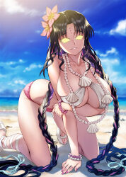 all_fours beach bikini_bottom bikini_top black_hair breasts cleavage fate/grand_order fate_(series) female_only femsub flower_in_hair gladiator_sandals glowing glowing_eyes happy_trance high_heels huge_breasts jewelry kiara_sessyoin long_hair looking_at_viewer manip matsuryuu misterman4_(manipper) multicolored_hair smile spiral_eyes swimsuit symbol_in_eyes tagme rating:questionable score: user:misterman4