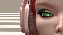 3d absurdres green_eyes headphones hypnotic_audio hypnotic_eyes original red2blaze red_blaze red_hair second_life spiral spiral_eyes symbol_in_eyes rating:safe score: user:red-blaze