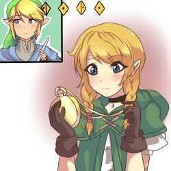 blonde_hair blue_eyes elf_ears femsub gloves hypnotic_audio hypnotic_music hyrule_warriors link linkle maledom necklace nintendo pocket_watch possession roiner-rinku simple_background the_legend_of_zelda twintails wind_waker rating:safe score: user:grandmaster37