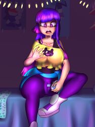 bed bedroom breast_grab breasts clothed drool femsub glitch_techs glowing_eyes hypnotico large_breasts large_hips long_hair looking_at_viewer masturbation miko_kubota open_mouth pink_eyes purple_hair sitting spiral spiral_eyes rating:Questionable score:33 user:Hypnotico800