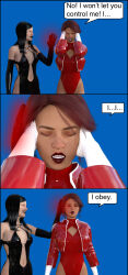 3d black_hair cleavage comic dialogue female_only femdom femsub glowing glowing_eyes latex magic original red_eyes red_hair resisting text theheckle rating:Questionable score:40 user:theheckle