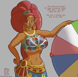 breasts breath_of_the_wild cleavage dark_skin dialogue elf_ears female_only gerudo huge_breasts large_breasts long_hair makeup midriff nintendo queen red_hair text the_legend_of_zelda thetransformtentacle urbosa rating:Questionable score:16 user:Grim