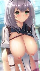 blush breasts cleavage embarrassed erect_nipples expressionless female_only femsub green_eyes hololive huge_breasts irori noel_shirogane open_mouth pov pov_dom solo thick_thighs thighhighs virtual_youtuber rating:explicit score: user:cromsis
