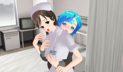 3d 3d_custom_girl blue_eyes blue_hair blush brown_hair femsub groping happy_trance hat nurse original parasite symbol_in_eyes rating:Questionable score:7 user:Sleepyhead97