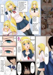 black_hair blonde_hair blush bottomless breasts comic empty_eyes femsub hair_band hard_translated large_breasts long_hair maledom nude open_mouth original school_uniform shima_syu smile text topless translated rating:Explicit score:31 user:Cradily