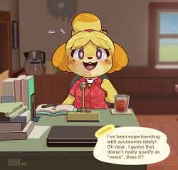absurdres animal_crossing collar dog_girl female_only femsub furry glowing glowing_eyes isabelle_(animal_crossing) nintendo solo text vaguecreature rating:Safe score:150 user:plsignore