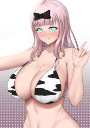  bikini bikini_top blush breasts cleavage cow_girl dearonnus female_only femsub fujiwara_chika glowing glowing_eyes hair_ribbon happy_trance heart heart_eyes kaguya-sama_love_is_war large_breasts long_hair looking_at_viewer manip misterman4_(manipper) pink_hair ribbon smile spiral_eyes straight-cut_bangs swimsuit symbol_in_eyes tagme tongue tongue_out  rating:questionable score: user:misterman4