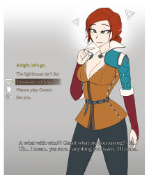 absurdres breasts dialogue english_text female_only femsub green_eyes hair_buns happy_trance humor large_breasts magic nexus_light open_mouth red_hair text the_witcher the_witcher_3 triss_merigold rating:Safe score:200 user:Nexus_Light