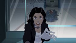 black_hair blue_eyes bow_tie cleavage dc_comics expressionless female_only femsub gloves long_hair magician screenshot standing standing_at_attention super_hero young_justice zatanna_zatara rating:Safe score:7 user:hypno