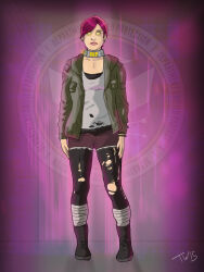 abigail_walker/fetch femsub glowing glowing_eyes infamous purple_hair standing standing_at_attention tech_control trishbot yellow_eyes rating:safe score: user:trishbot