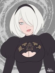 absurdres cleavage expressionless femsub headband nier_automata open_mouth short_hair spiral_eyes syas-nomis symbol_in_eyes white_hair yorha_no._2_type_b rating:questionable score: user:nurho