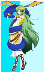 blush breasts closed_eyes coils empty_eyes fangs femsub gladiator_sandals goddess green_hair heart high_heels kid_icarus large_breasts long_hair necklace nintendo open_mouth palutena snake stalemeat sweat wings rating:Questionable score:18 user:TheGoodShank