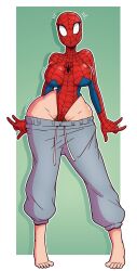 barefoot bimbofication brown_hair collarbone female_only femsub genderswap large_breasts marvel_comics pants pubic_hair simple_background solo spider-man spider-man_(series) standing super_hero wide_hips wrenzephyr2 rating:Questionable score:45 user:sonicfan150