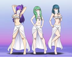 barefoot blush byleth_eisner cleavage dancing empty_eyes female_only femsub fire_emblem fire_emblem_three_hopes fire_emblem_three_houses flayn_(fire_emblem_three_houses) green_hair happy_trance harem_outfit heart_eyes large_breasts looking_at_viewer micro_bikini multiple_girls multiple_subs navel nintendo purple_hair shez_(fire_emblem) shinzu short_hair smile symbol_in_eyes veil white_eyes rating:Questionable score:116 user:AetherMage
