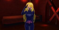 3d ahoge blonde_hair blue_eyes bodysuit cello crotch_tattoo custom_maid_3d_2 empty_eyes erect_nipples_under_clothes female_only femsub gas_mask latex long_hair rubber saluting solo standing standing_at_attention tattoo rating:Questionable score:6 user:VortexMaster