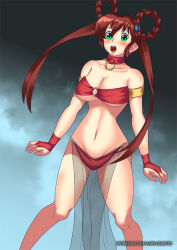 arm_bands blush braid breasts brown_hair cleavage collar devil_hunter_yohko female_only femsub green_eyes hadant harem_outfit large_breasts loincloth long_hair midriff navel open_mouth see-through signature simple_background solo twin_braids watermark yohko_mano rating:Questionable score:19 user:TheGoodShank