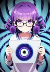  ai_art cables curly_hair drool empty_eyes expressionless glasses novelai_(ai) purple_hair qiller spiral tech_control  rating:safe score: user:qiller