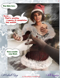 3d absurdres boots brown_eyes brown_hair christmas comic fishnets hat lingerie looking_at_viewer male_pov mistralonyx necklace original poser pov pov_dom santa_hat smile standing text thighhighs underwear vvrayven rating:Questionable score:9 user:VVrayven