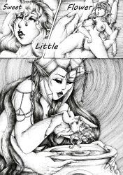 absurdres bee_girl bee_queen black_sclera bottomless breasts bug_girl comic dazed elf elf_ears female_only femdom femsub happy_trance honey justsketchingviolets long_hair nude original text topless traditional yuri rating:Questionable score:20 user:JustSketchingViolets