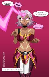 .hack//_(series) 4headboiii absurdres armor bare_shoulders beam black_rose_(.hack//) breasts charm_(spell) choker cleavage clothed collarbone dark_skin dialogue empty_eyes eye_roll femsub gameplay_mechanics glowing_eyes hourglass_figure large_breasts navel open_mouth pink_background pink_eyes pink_hair short_hair signature simple_background speech_bubble standing surprised text tongue tongue_out user_interface video_game rating:Questionable score:112 user:Sol420