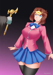 blue_eyes bow breasts brown_hair empty_eyes expressionless glowing gradient_background hadant large_breasts school_uniform short_hair short_skirt signature simple_background skirt tea_gardner thighhighs watermark yu-gi-oh! rating:Questionable score:32 user:TheGoodShank