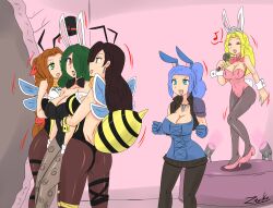 accord_(accord) aerith_gainsborough bee_girl black_hair blonde_hair blue_eyes blue_hair bow_tie brown_hair bug_girl bunny_ears bunny_girl bunnysuit cleavage collarbone crown cuffs earrings eyeshadow fake_animal_ears fake_tail femdom femsub final_fantasy final_fantasy_vii gloves green_eyes green_hair green_lipstick hair_covering_one_eye hair_ornament hat jewelry lipstick long_hair multiple_doms multiple_girls necklace open_mouth original pantyhose pink_background ponytail princess princess_caelia_(kachopper9) red_eyes red_hair signature simple_background singing smile spiral_eyes standing symbol_in_eyes tech_control tifa_lockhart top_hat very_long_hair viltai_(viltai) wings zronku rating:Questionable score:68 user:viltai