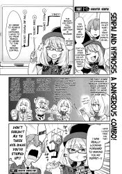 age_regression blonde_hair body_control breasts comic dialogue femsub glasses greyscale hat humor large_breasts long_hair magical_sempai open_mouth puppet right_to_left school_uniform sempai_(magical_sempai) short_hair smile suit surprised sweat text tie rating:Safe score:16 user:RedCollarBlackCollar