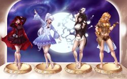 absurdres barefoot black_hair blake_belladonna blonde_hair cape dress female_only femsub hand_on_hip happy_trance mannequin mezzberry midriff multiple_girls nail_polish purple_hair red_hair ruby_rose rwby scarf  spiral_eyes statue symbol_in_eyes weiss_schnee white_hair yang_xiao_long rating:Questionable score:62 user:Mezzberry