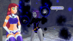 aware closed_eyes clothed dc_comics dialogue dogdog english_text female_only floating goth green_eyes grey_skin magic multiple_girls purple_hair raven red_hair starfire text rating:Safe score:1 user:Bootyhunter69