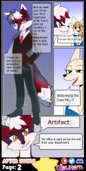 absurdres aggretsuko artifact_the_fox black_eyes blue_eyes business_suit clothed comic dialogue fennec_girl fenneko_(aggretsuko) fox_boy fox_girl furry glowhorn open_mouth orange_eyes original red_hair red_panda_girl retsuko_(aggretsuko) sanrio shirt simple_background smile suit tail tie tongue white_hair rating:Safe score:17 user:ArtifactFox