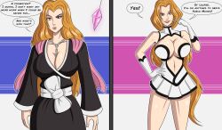 alternate_costume before_and_after bleach breasts cleavage enemy_conversion female_only femsub happy_trance large_breasts orange_hair polmanning rangiku_matsumoto smile text rating:Questionable score:141 user:PolManning