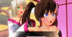 3d blue_eyes breasts brown_hair crossed_eyes dialogue female_only femsub green_eyes japanese_clothing kamen_writer_mc kimono large_breasts mc_trap_town multiple_girls multiple_subs ponytail screenshot spiral_eyes symbol_in_eyes text twintails white_hair rating:Questionable score:4 user:Amazingbrahjr