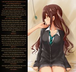 blush breasts brown_eyes brown_hair busshock_(manipper) caption chin_hold coin consensual cosplay dazed empty_eyes expressionless female_only femsub idolmaster_cinderella_girls large_breasts long_hair manip pendulum pov pov_dom school_uniform sitting skirt tarachine text the_idolm@ster uzuki_shimamura rating:safe score: user:busshock