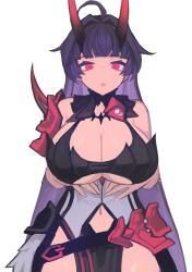 absurdres ahoge armor bangs bare_shoulders breasts cleavage clothed empty_eyes expressionless female_only femsub honkai_impact_3rd horns jakk large_breasts long_hair looking_at_viewer open_mouth pink_eyes purple_hair raiden_mei simple_background solo straight-cut_bangs white_background rating:Questionable score:17 user:JustChilling