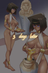 anklet arm_bands barefoot breasts circlet collar dark_skin egyptian empty_eyes expressionless gold nipple_piercing piercing purple_eyes tea_gardner text uns yu-gi-oh! rating:Questionable score:25 user:Umbra