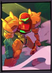 absurdres armor before_and_after bimbofication female_only helmet metroid_(series) nintendo power_armor samus_aran simple_background solo standing weapon zephyrgales rating:Explicit score:36 user:a_anon264252