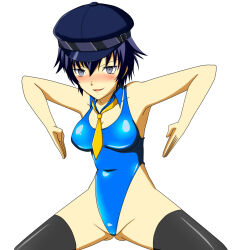 blue_hair blush boots breasts femsub haigure happy_trance hat large_breasts leotard naoto_shirogane open_mouth persona_(series) persona_4 short_hair simple_background thigh_boots tie rating:Questionable score:12 user:Sleepyhead97